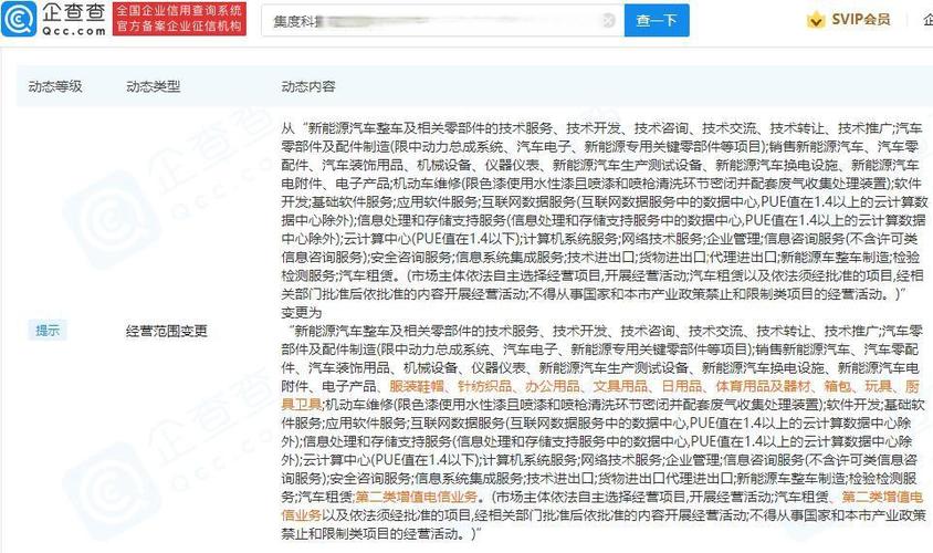 【集度汽车关联公司经营范围新增第二类增值电信业务等】企查查app